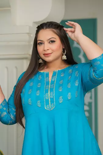 Women'S Cotton Floral Printed Anarkali Kurta (Teal)