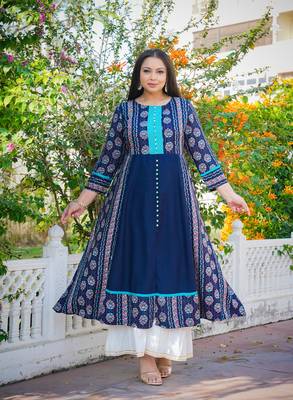 Women'S Plus Size Floral Printed Embroidered A-Line Kurti (Blue) 1
