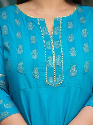 Women'S Cotton Floral Printed Anarkali Kurta (Teal) 5
