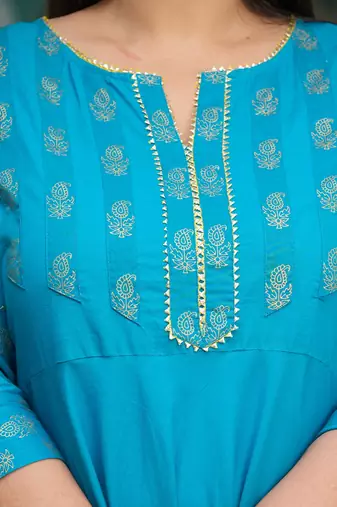 Women'S Cotton Floral Printed Anarkali Kurta (Teal)