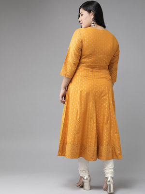 Women'S Plus Size Cotton Floral Print Anarkali Kurta (Mustard) 4