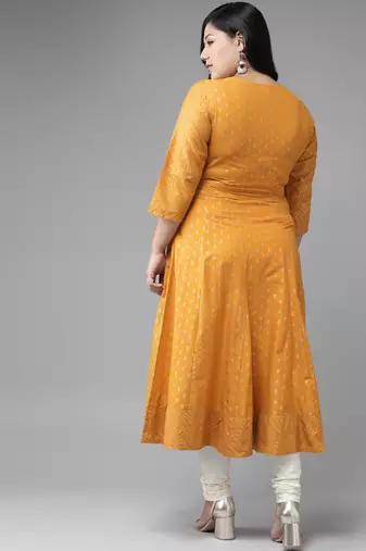 Women'S Plus Size Cotton Floral Print Anarkali Kurta (Mustard)