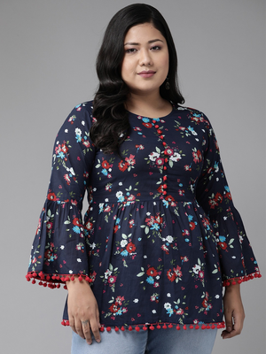Women'S Cotton Floral Printed Flared Top (Blue) 1