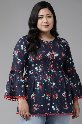 Women'S Cotton Floral Printed Flared Top (Blue)