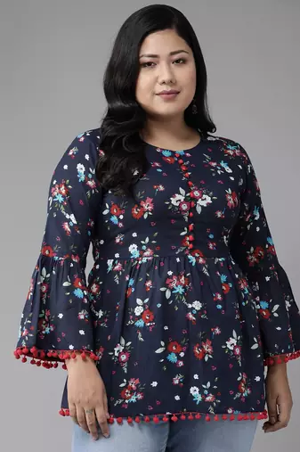 Women'S Cotton Floral Printed Flared Top (Blue)