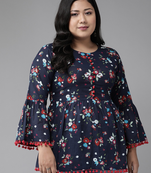 Women'S Cotton Floral Printed Flared Top (Blue)