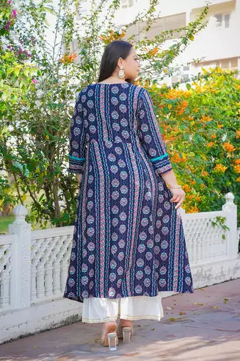 Women'S Plus Size Floral Printed Embroidered A-Line Kurti (Blue)