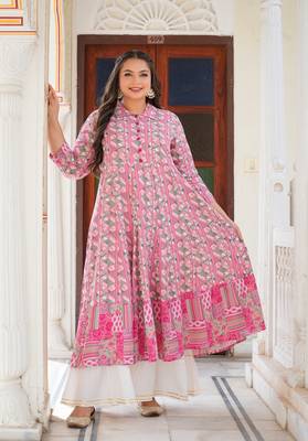  women's plus size geomatrical printed anarkali kurti (pink) 4