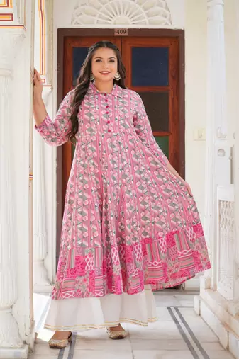  women's plus size geomatrical printed anarkali kurti (pink)
