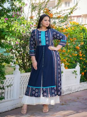 Women'S Plus Size Floral Printed Embroidered A-Line Kurti (Blue) 3