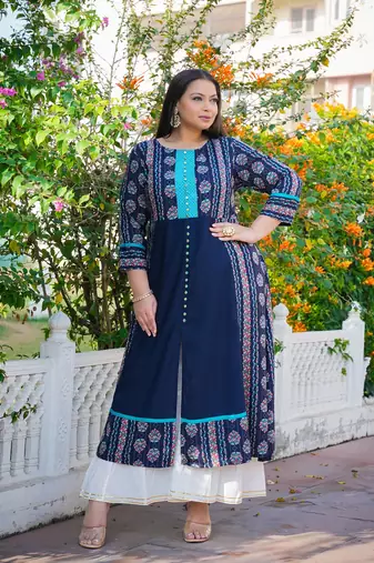 Women'S Plus Size Floral Printed Embroidered A-Line Kurti (Blue)