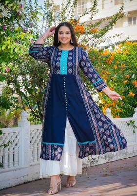 Women'S Plus Size Floral Printed Embroidered A-Line Kurti (Blue) 4