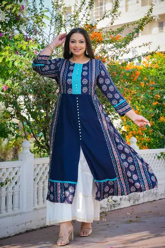 Women'S Plus Size Floral Printed Embroidered A-Line Kurti (Blue)