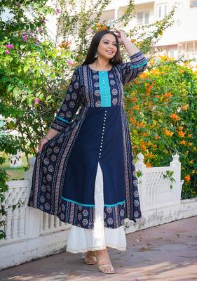 Women'S Plus Size Floral Printed Embroidered A-Line Kurti (Blue) 5