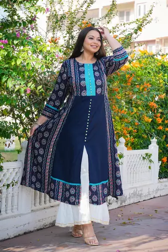 Women'S Plus Size Floral Printed Embroidered A-Line Kurti (Blue)