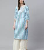 Women'S Cotton Stripe Printed Embroidered Straight Kurta