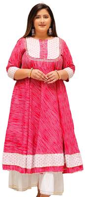 Women'S Plus Size Floral Print Anarkali Kurti (Pink) 1