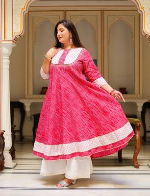 Women'S Plus Size Floral Print Anarkali Kurti (Pink) 3