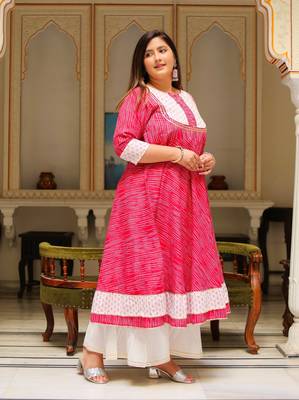 Women'S Plus Size Floral Print Anarkali Kurti (Pink) 4
