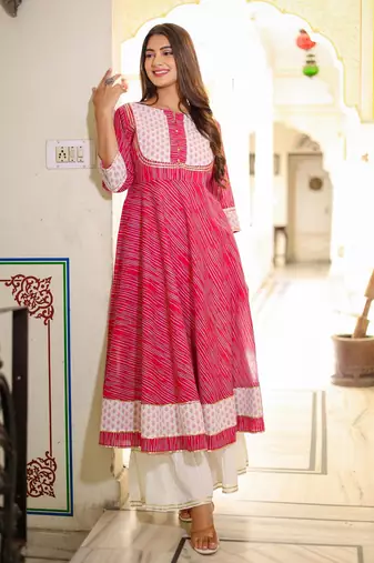 Women'S Floral Print Anarkali Kurti (Pink)