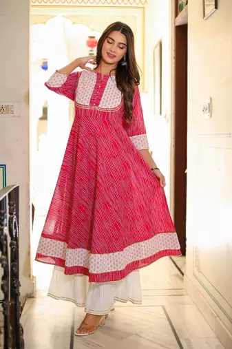Women'S Floral Print Anarkali Kurti (Pink)