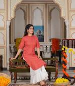 Women'S Cotton Stripe Gold Printed Straight Kurta (Red)