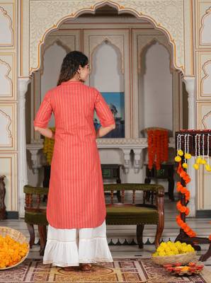 Women'S Cotton Stripe Gold Printed Straight Kurta (Red) 2