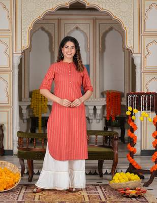 Women'S Cotton Stripe Gold Printed Straight Kurta (Red) 3