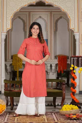 Women'S Cotton Stripe Gold Printed Straight Kurta (Red)