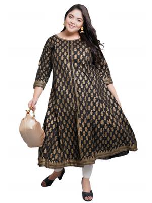 Women'S Plus Size Cotton Gold Print Anarkali Kurti (Black) 1