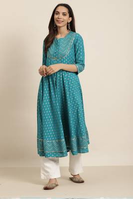 Women'S Plus Size Cotton Floral Printed Anarkali Kurta (Teal) 1