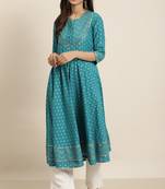 Women'S Plus Size Cotton Floral Printed Anarkali Kurta (Teal)