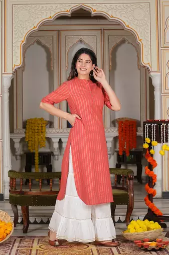 Women'S Cotton Stripe Gold Printed Straight Kurta (Red)