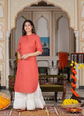 Women'S Cotton Stripe Gold Printed Straight Kurta (Red) 5