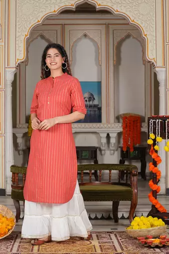 Women'S Cotton Stripe Gold Printed Straight Kurta (Red)