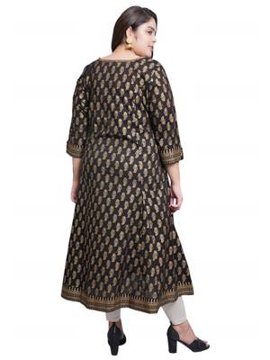 Women'S Plus Size Cotton Gold Print Anarkali Kurti (Black) 2