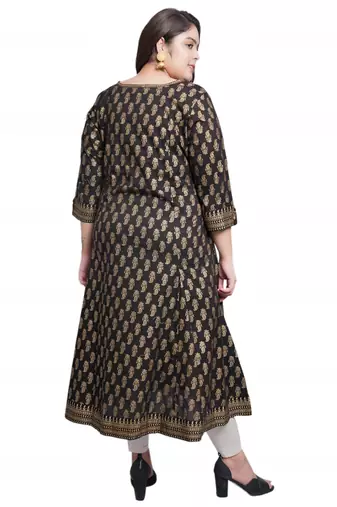 Women'S Plus Size Cotton Gold Print Anarkali Kurti (Black)