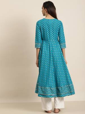 Women'S Plus Size Cotton Floral Printed Anarkali Kurta (Teal) 2