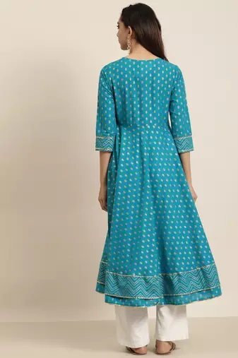 Women'S Plus Size Cotton Floral Printed Anarkali Kurta (Teal)