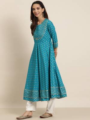 Women'S Plus Size Cotton Floral Printed Anarkali Kurta (Teal) 3