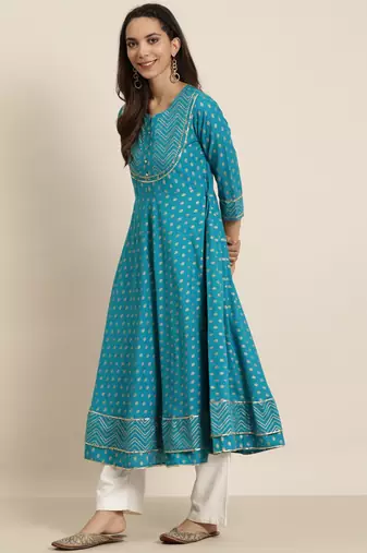 Women'S Plus Size Cotton Floral Printed Anarkali Kurta (Teal)
