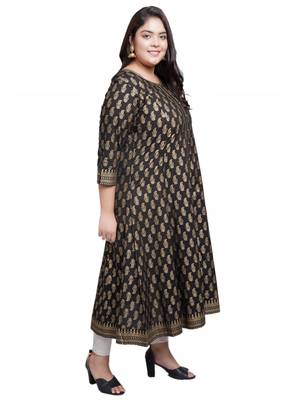Women'S Plus Size Cotton Gold Print Anarkali Kurti (Black) 3