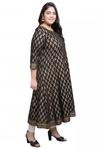 Women'S Plus Size Cotton Gold Print Anarkali Kurti (Black)
