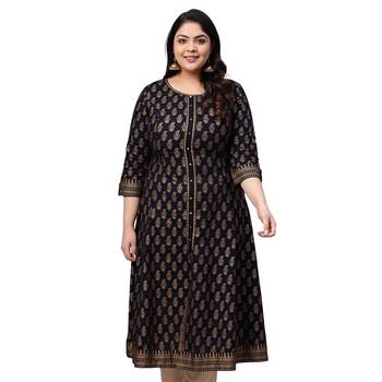 Women'S Cotton Gold Print Anarkali Kurta (Black) 1