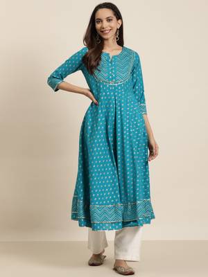 Women'S Plus Size Cotton Floral Printed Anarkali Kurta (Teal) 4