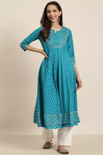 Women'S Plus Size Cotton Floral Printed Anarkali Kurta (Teal)