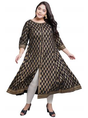 Women'S Plus Size Cotton Gold Print Anarkali Kurti (Black) 4