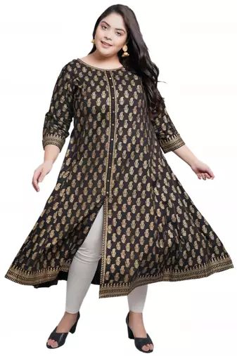 Women'S Plus Size Cotton Gold Print Anarkali Kurti (Black)