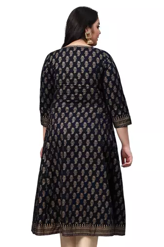 Women'S Cotton Gold Print Anarkali Kurta (Black)