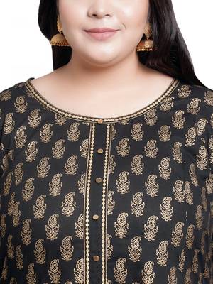 Women'S Plus Size Cotton Gold Print Anarkali Kurti (Black) 5